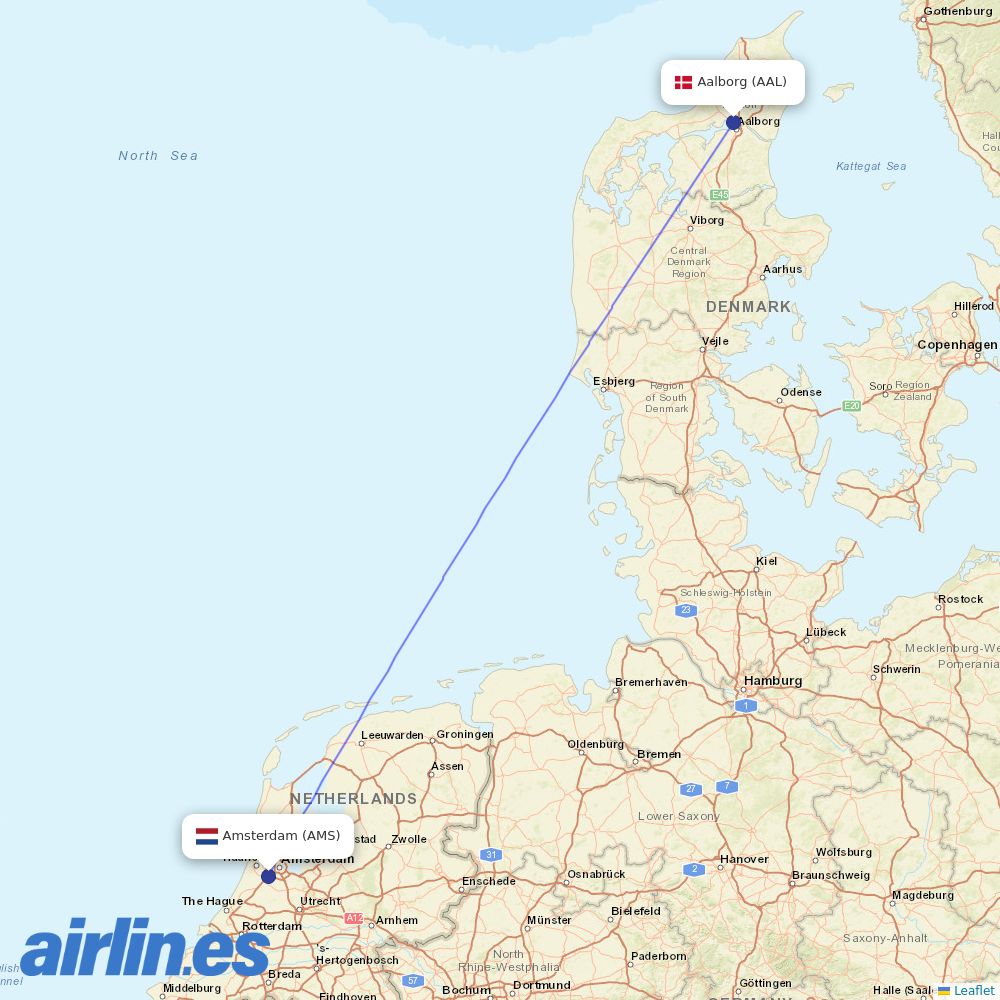 KLM from Aalborg destination map