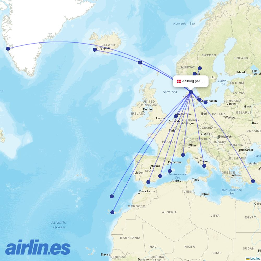 Pegasus from Aalborg destination map