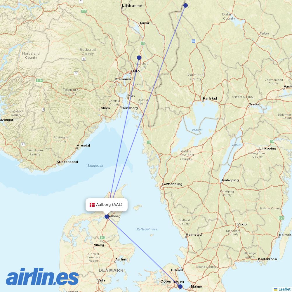 Scandinavian Airlines from Aalborg destination map