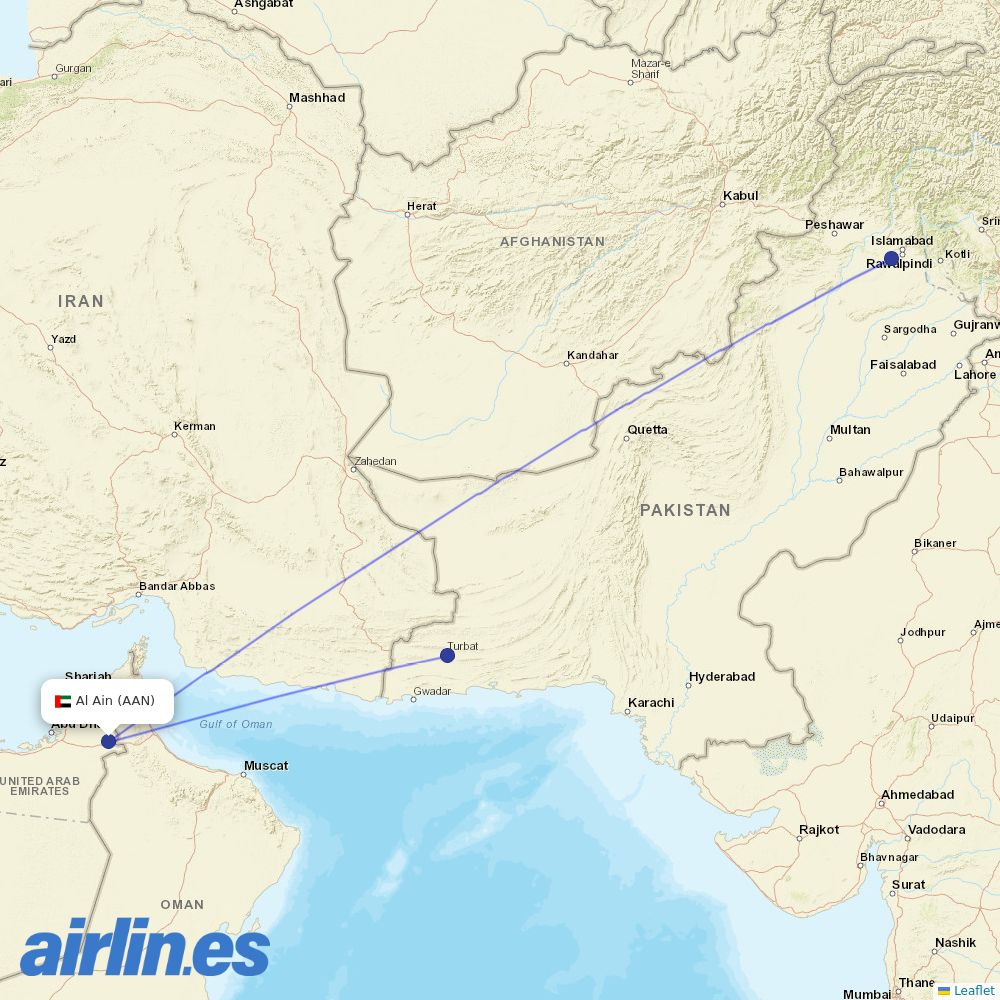 Pakistan International Airlines from Al Ain International Airport destination map