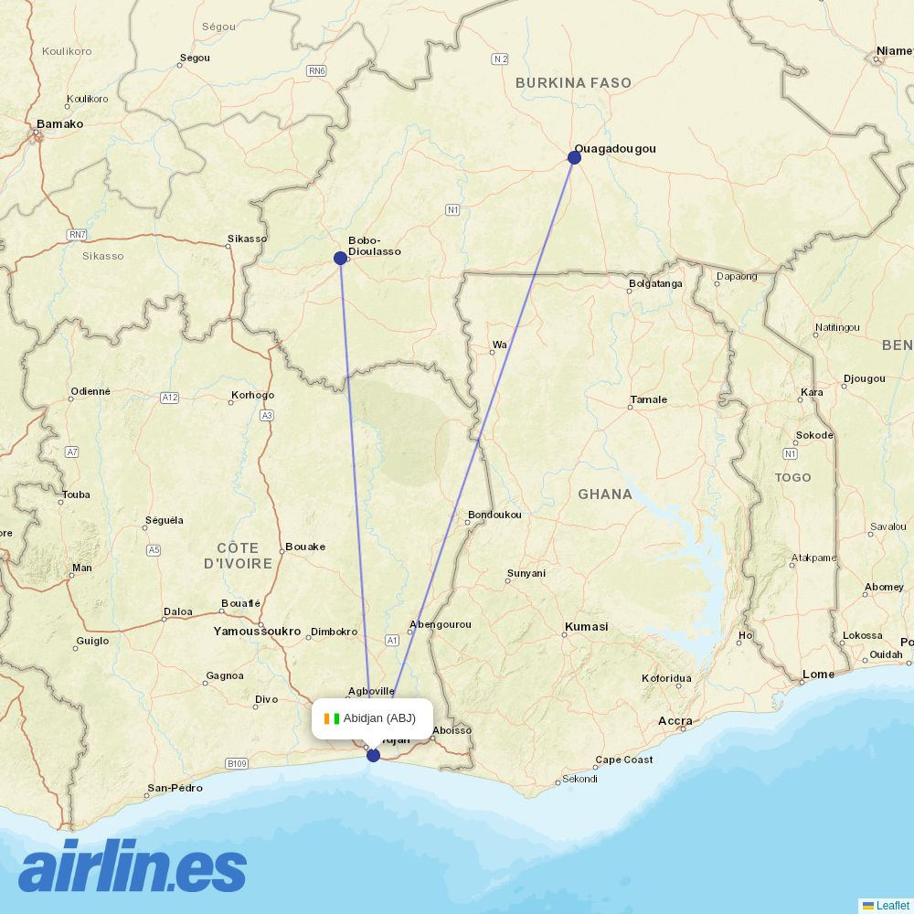 Air Burkina from Abidjan Felix Houphouet Boigny International destination map