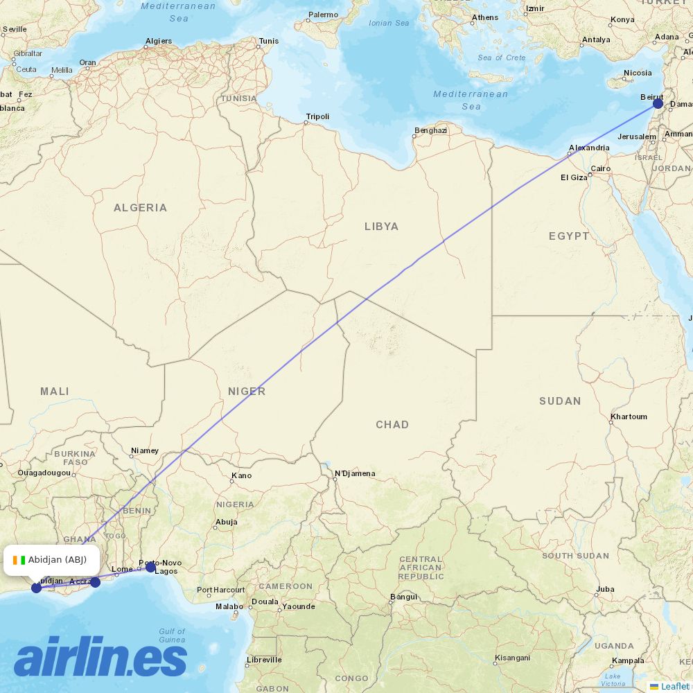 Middle East Airlines from Abidjan Felix Houphouet Boigny International destination map
