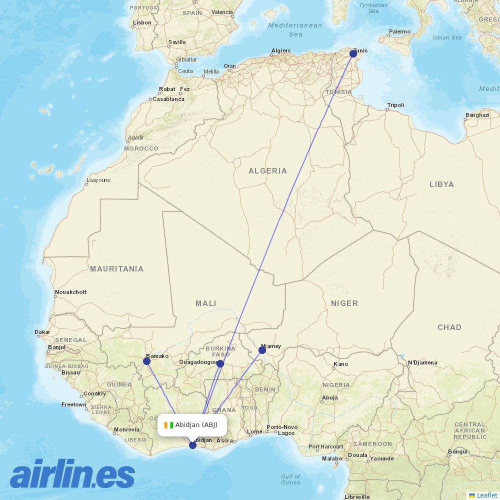 Tunisair from Abidjan Felix Houphouet Boigny International destination map