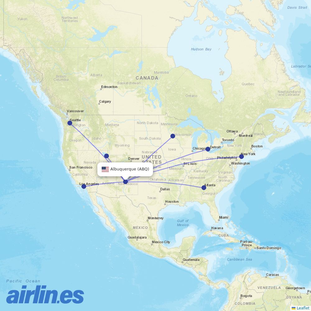 Delta Air Lines from Albuquerque International Sunport destination map