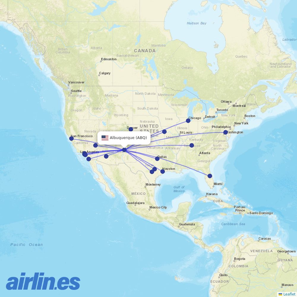 Southwest Airlines from Albuquerque International Sunport destination map
