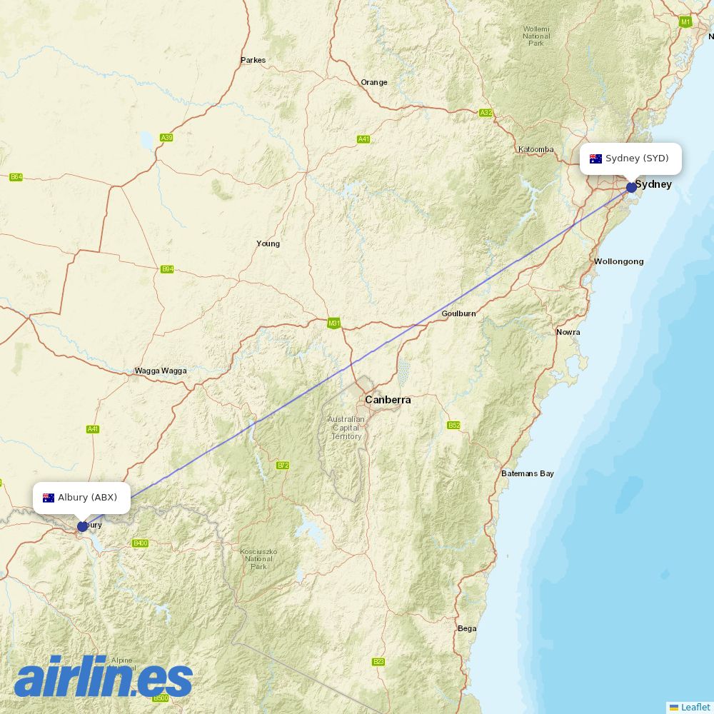 Rex Airlines from Albury destination map