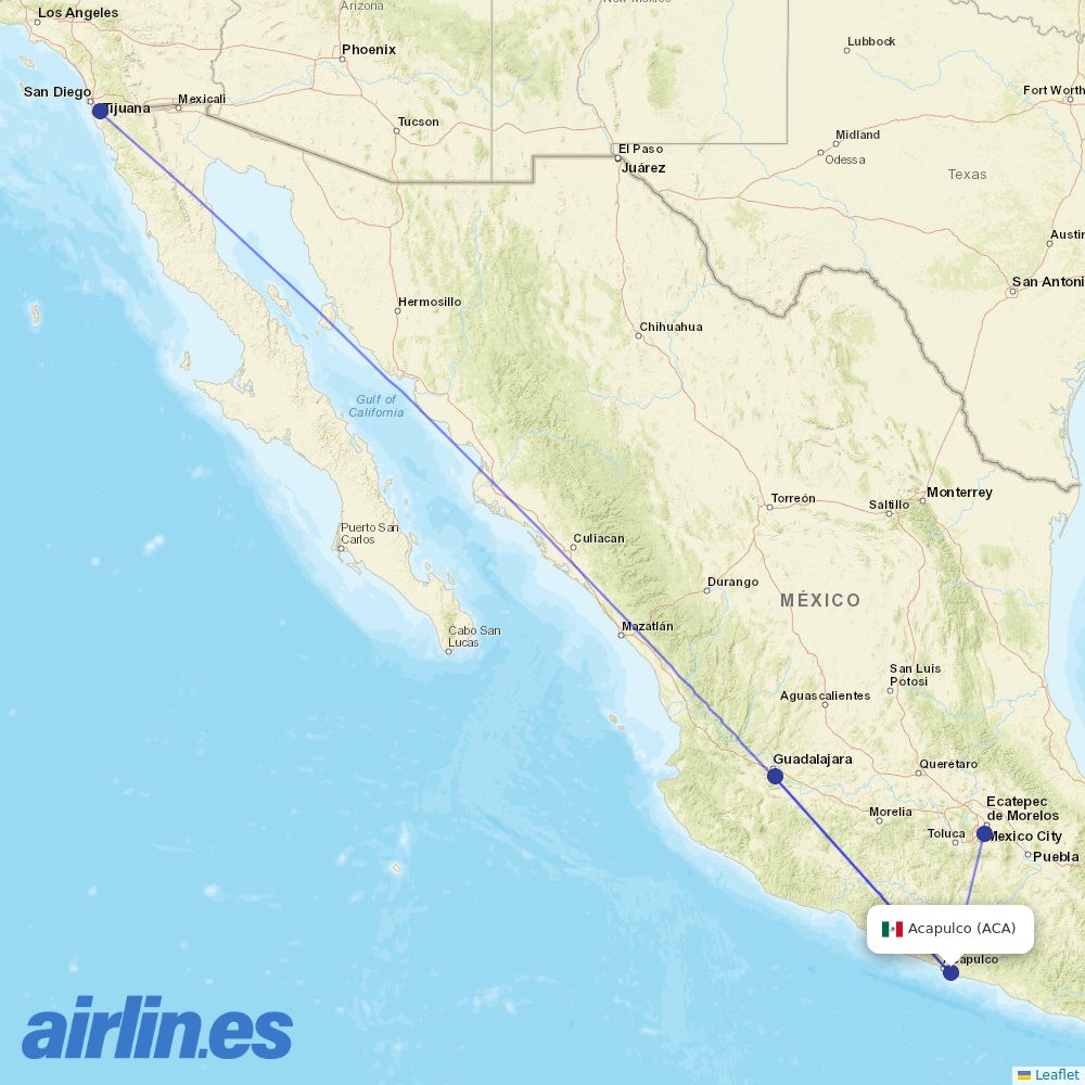 Volaris from General Juan N Alvarez International destination map
