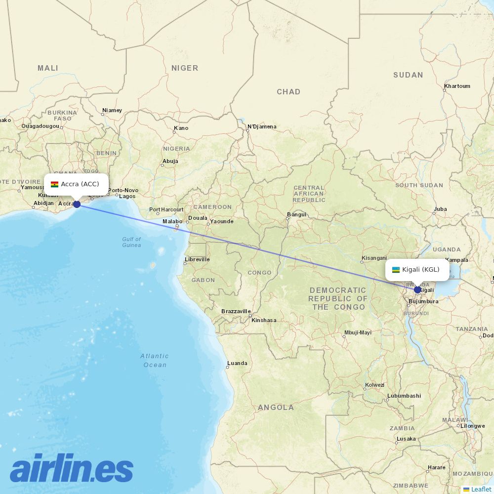 RwandAir from Kotoka International destination map
