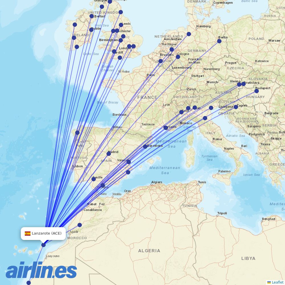 Ryanair from Lanzarote Airport destination map