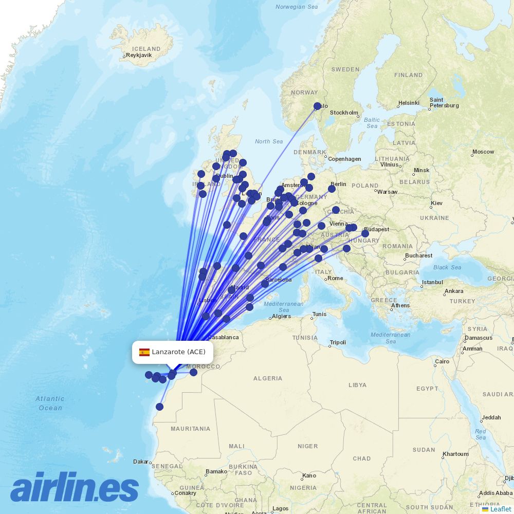 Jet2 from Lanzarote Airport destination map