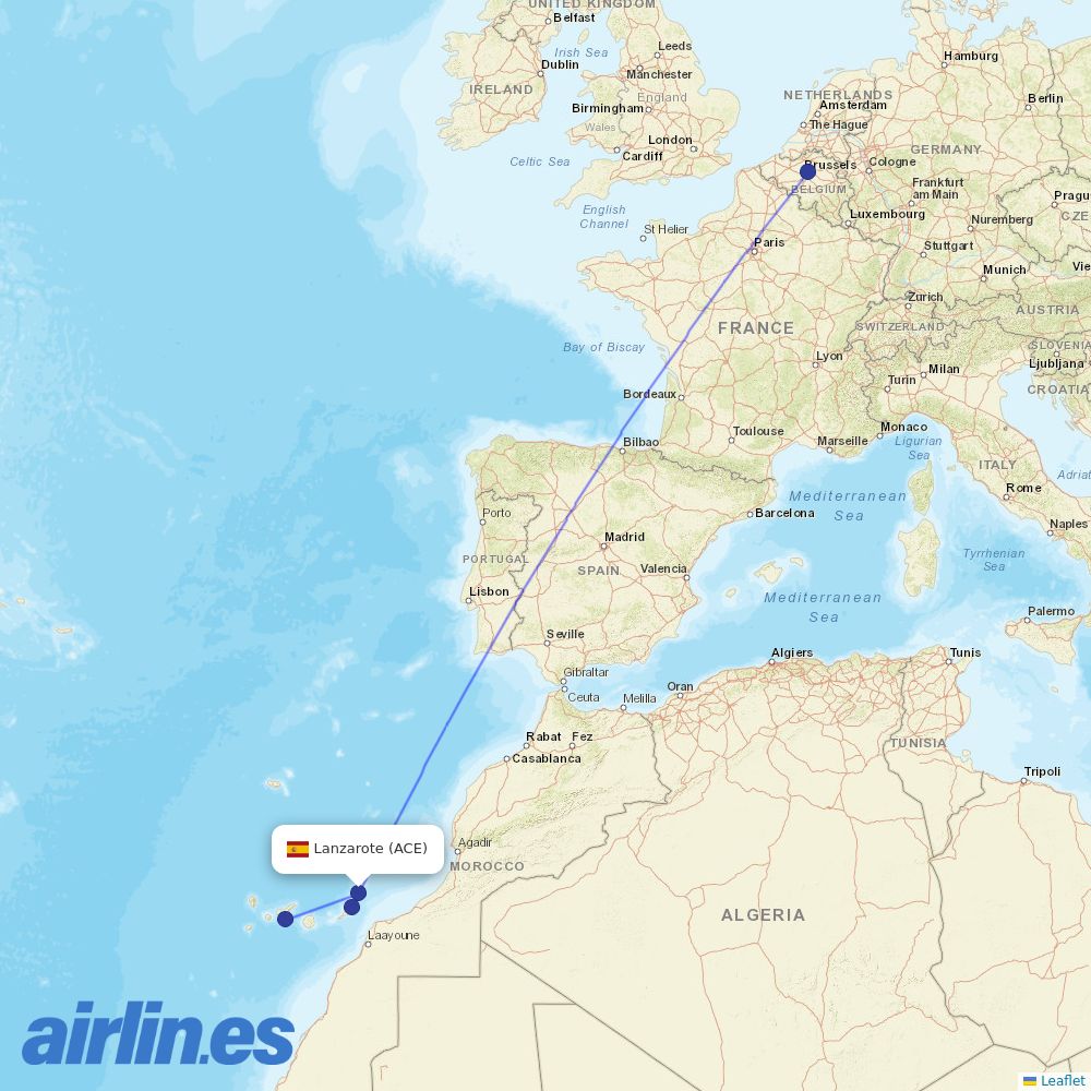 TUI fly Belgium from Lanzarote Airport destination map