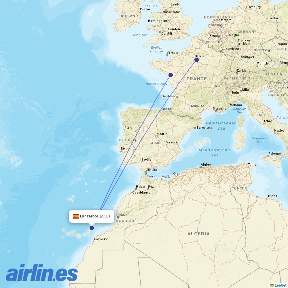 Transavia France from Lanzarote Airport destination map