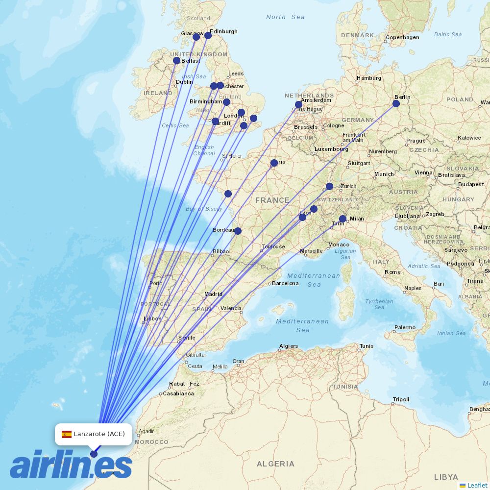 easyJet from Lanzarote Airport destination map