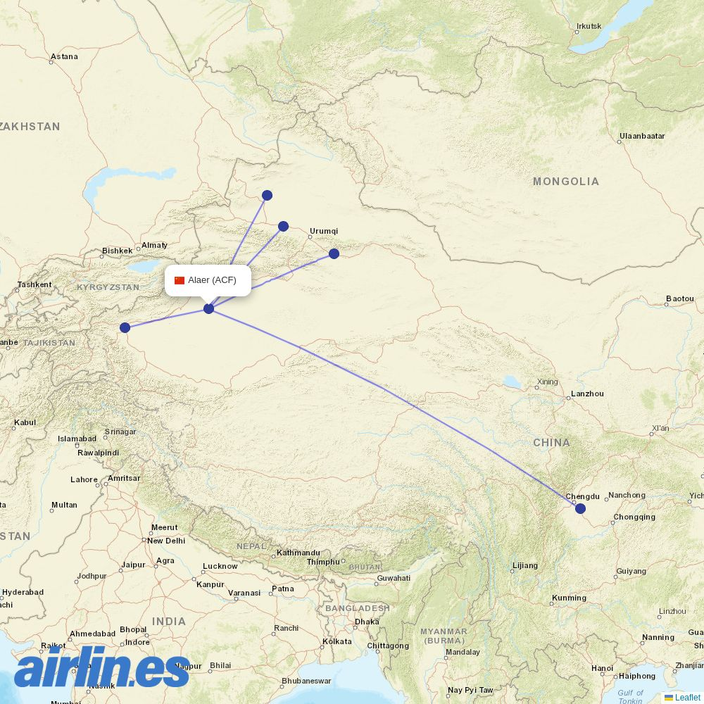 Chengdu Airlines from Alaer Talimu Airport destination map