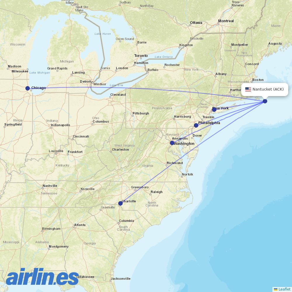 American Airlines from Nantucket Mem destination map