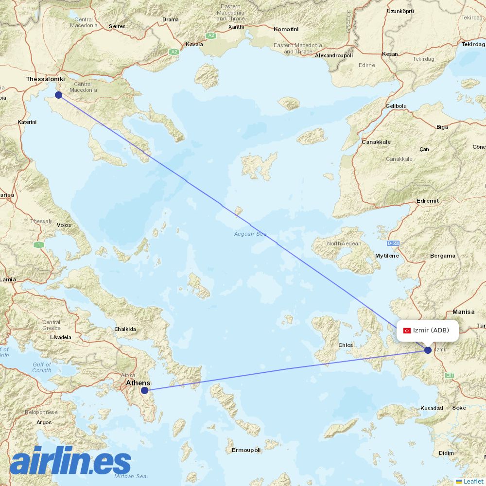 Aegean Airlines from İzmir Adnan Menderes Airport destination map