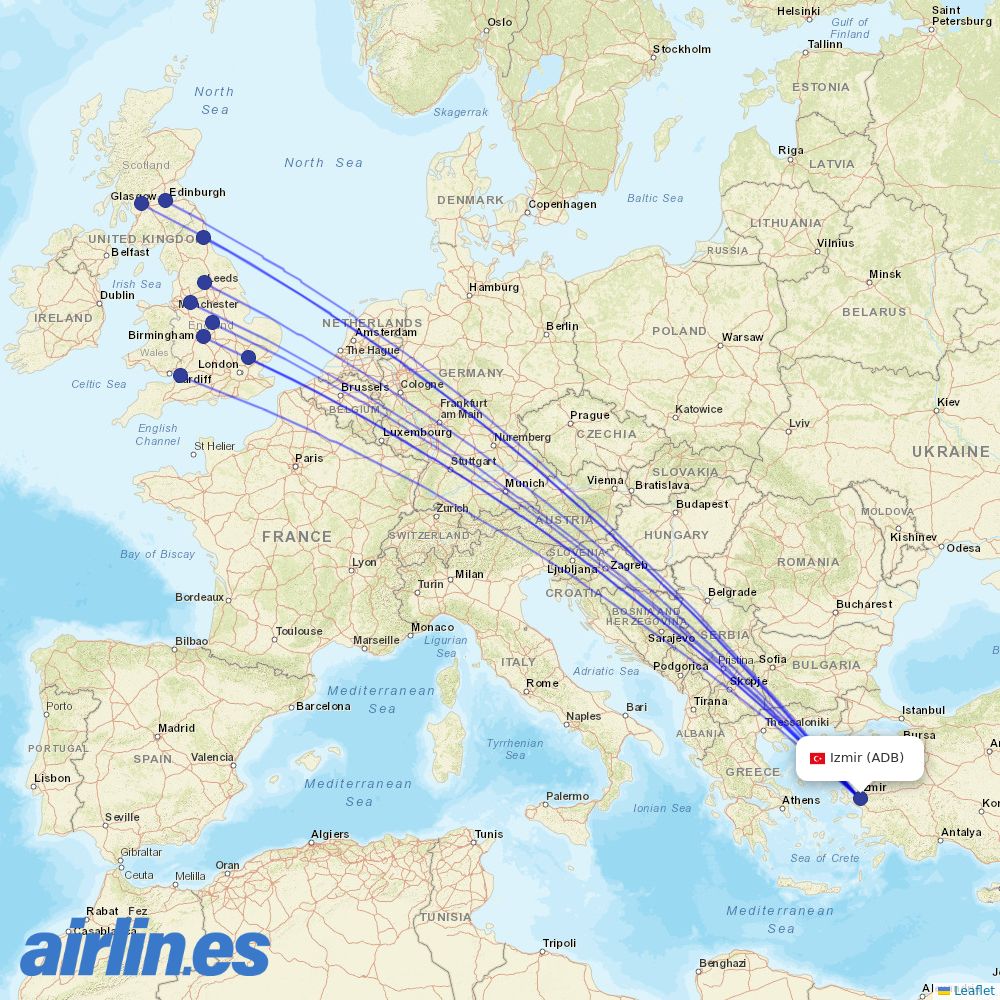 Jet2 from İzmir Adnan Menderes Airport destination map