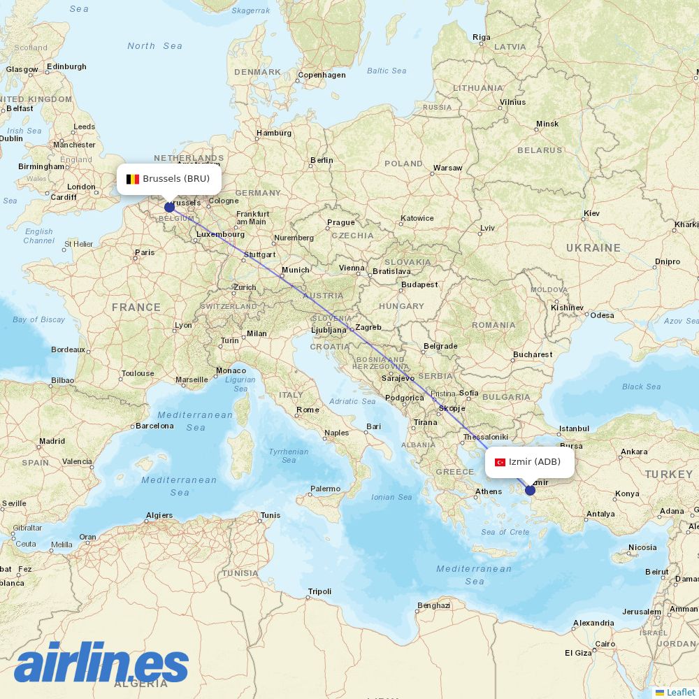 TUI fly Belgium from İzmir Adnan Menderes Airport destination map