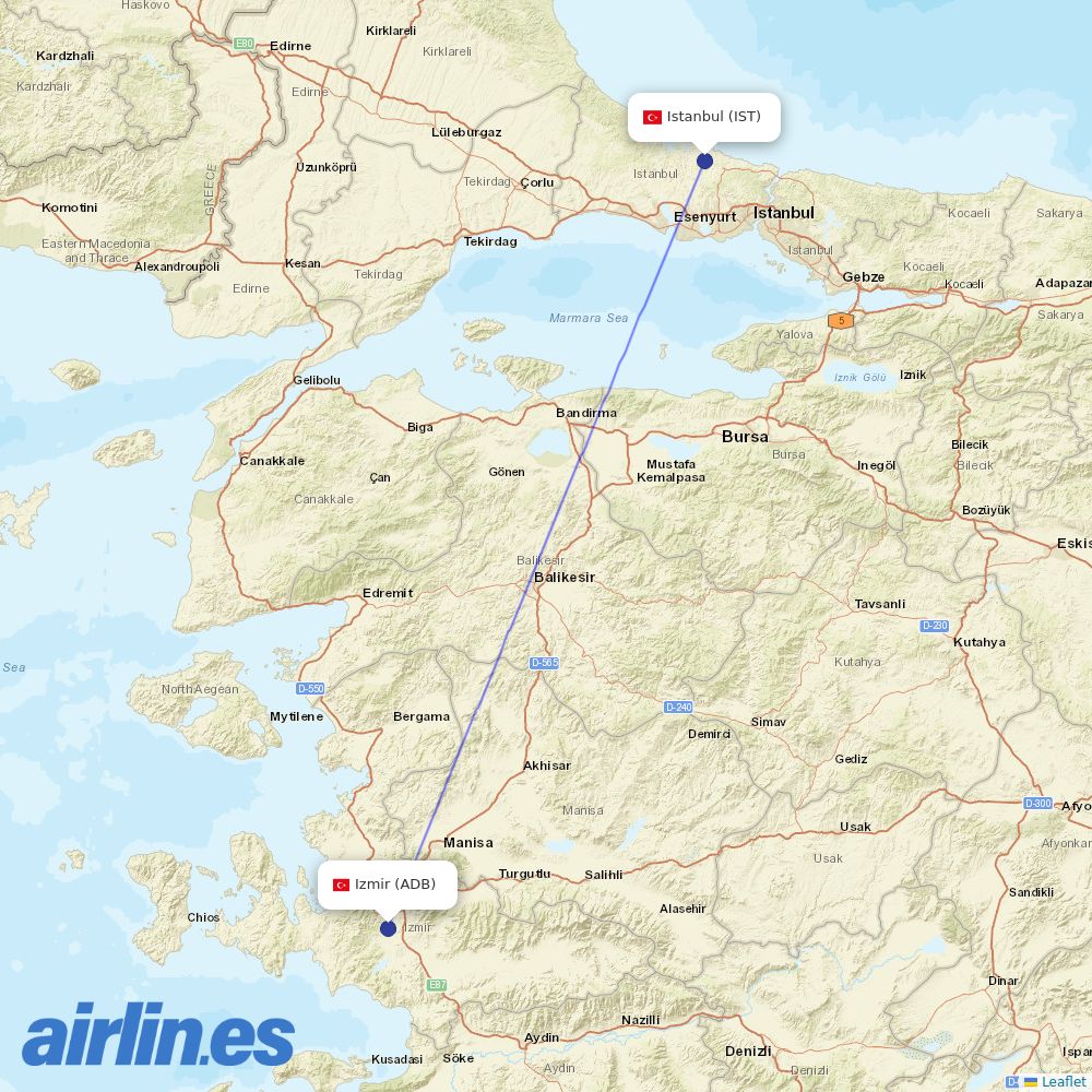 Turkish Airlines at ADB route map