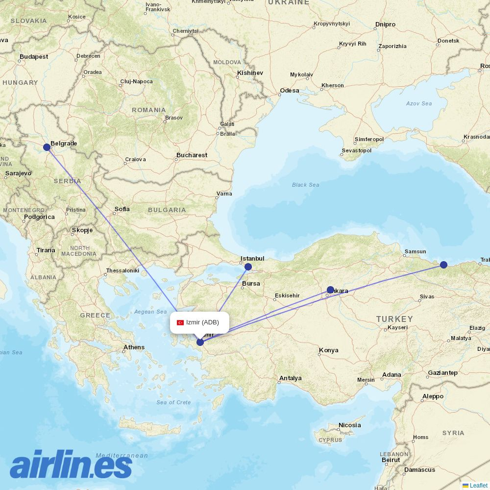 AJet from İzmir Adnan Menderes Airport destination map