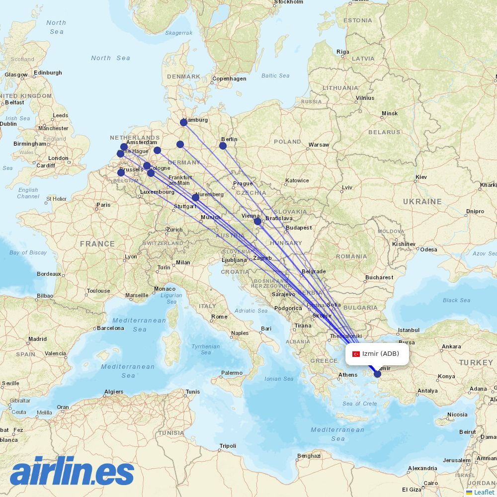 Corendon Airlines from İzmir Adnan Menderes Airport destination map