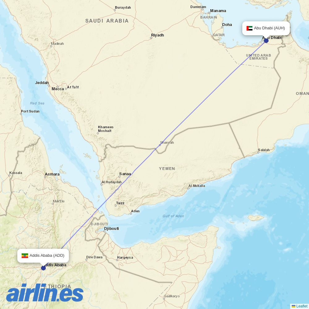 Etihad Airways from Addis Ababa Bole International Airport destination map