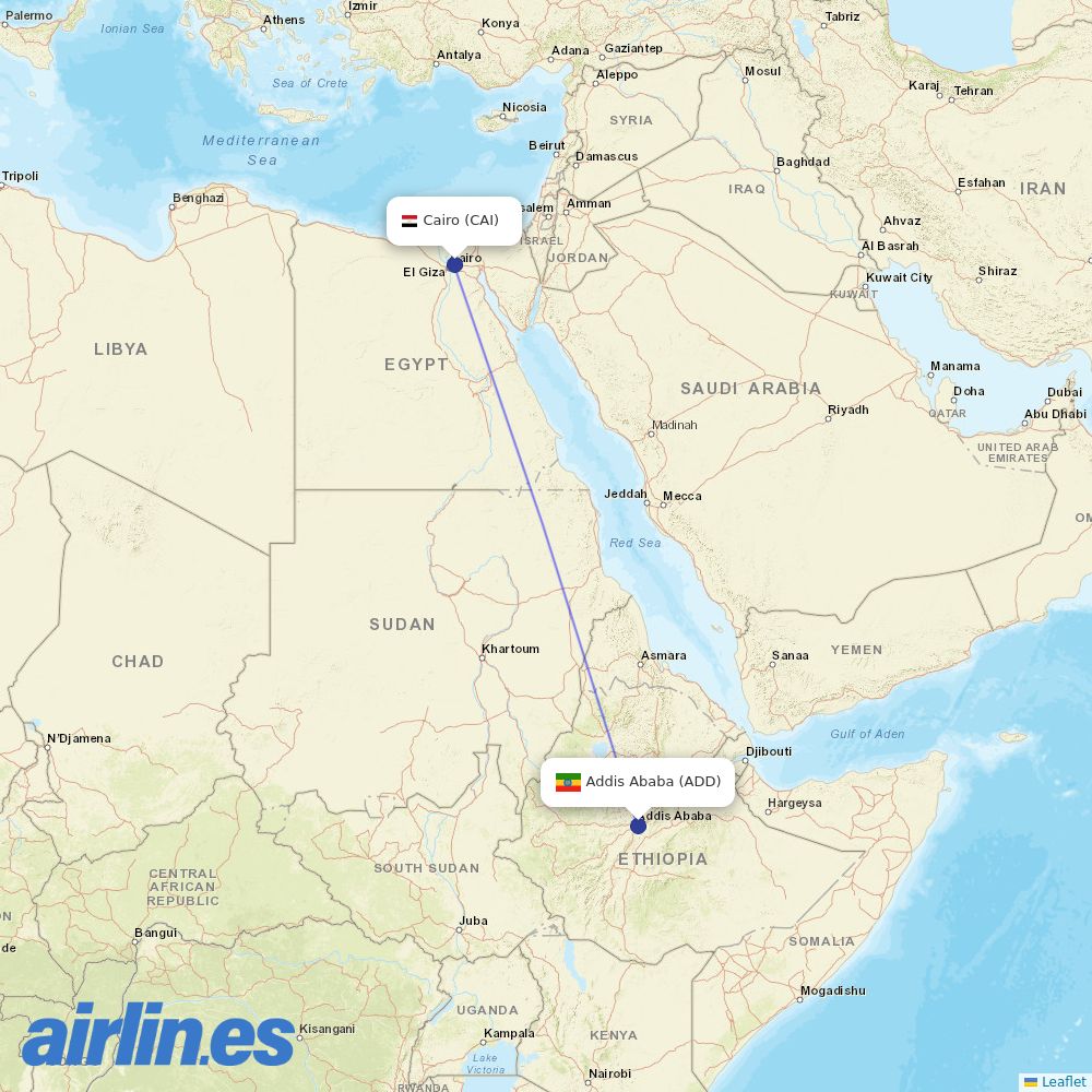 EgyptAir from Addis Ababa Bole International Airport destination map