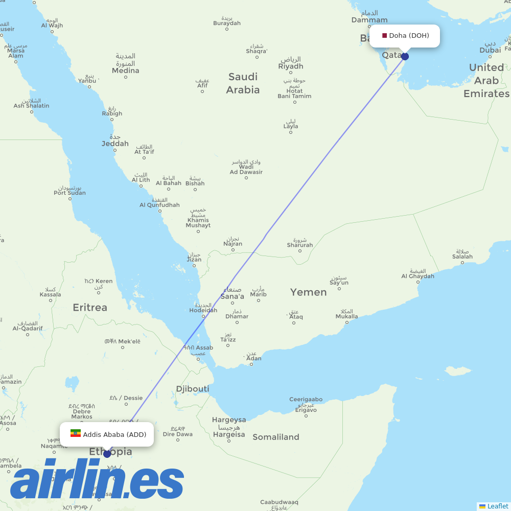 Qatar Airways from Addis Ababa Bole International Airport destination map
