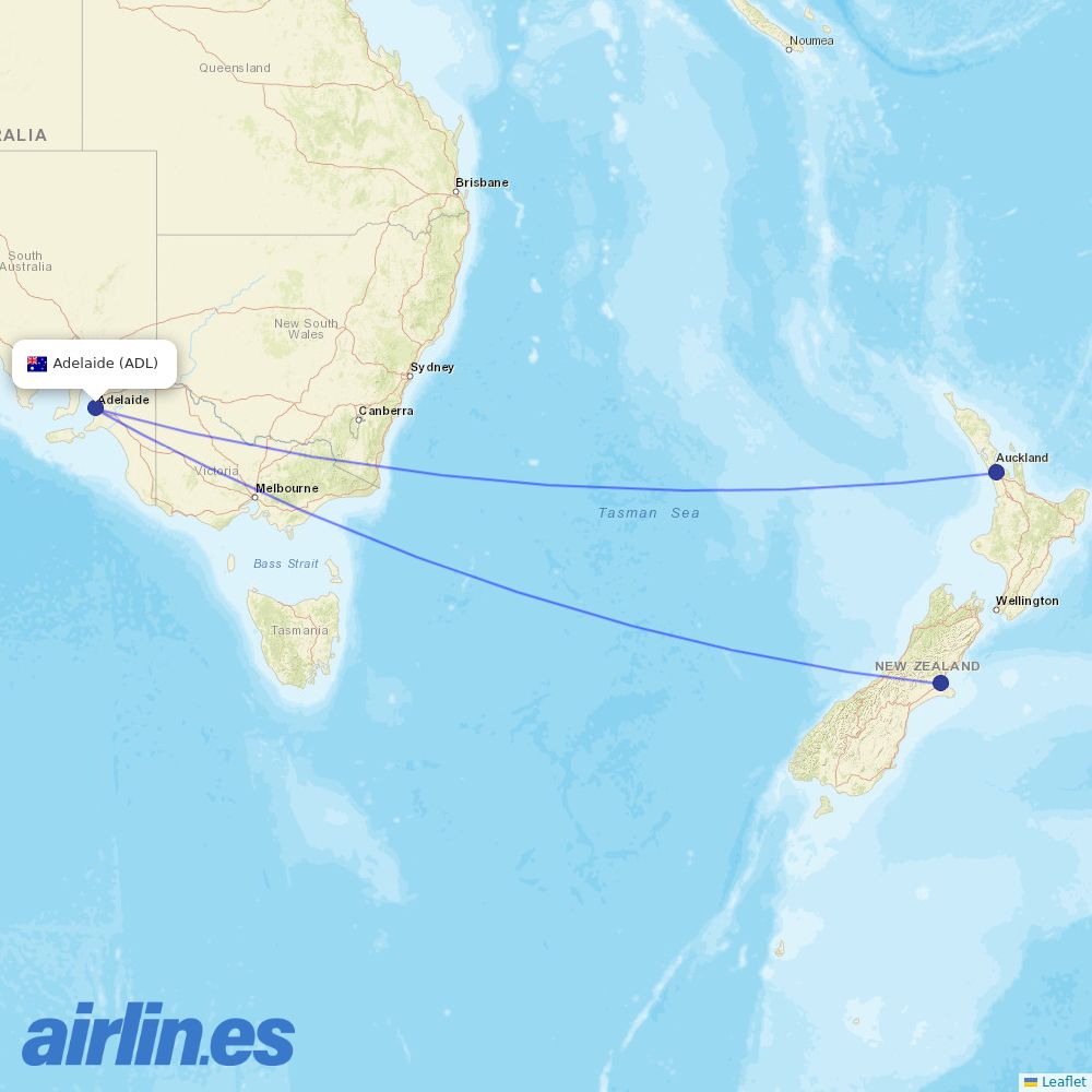Air New Zealand from Adelaide International destination map