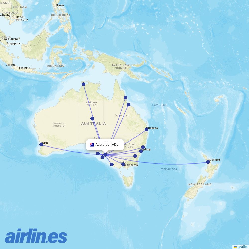 Qantas at ADL route map