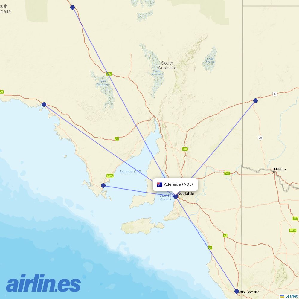 Rex Airlines from Adelaide International destination map