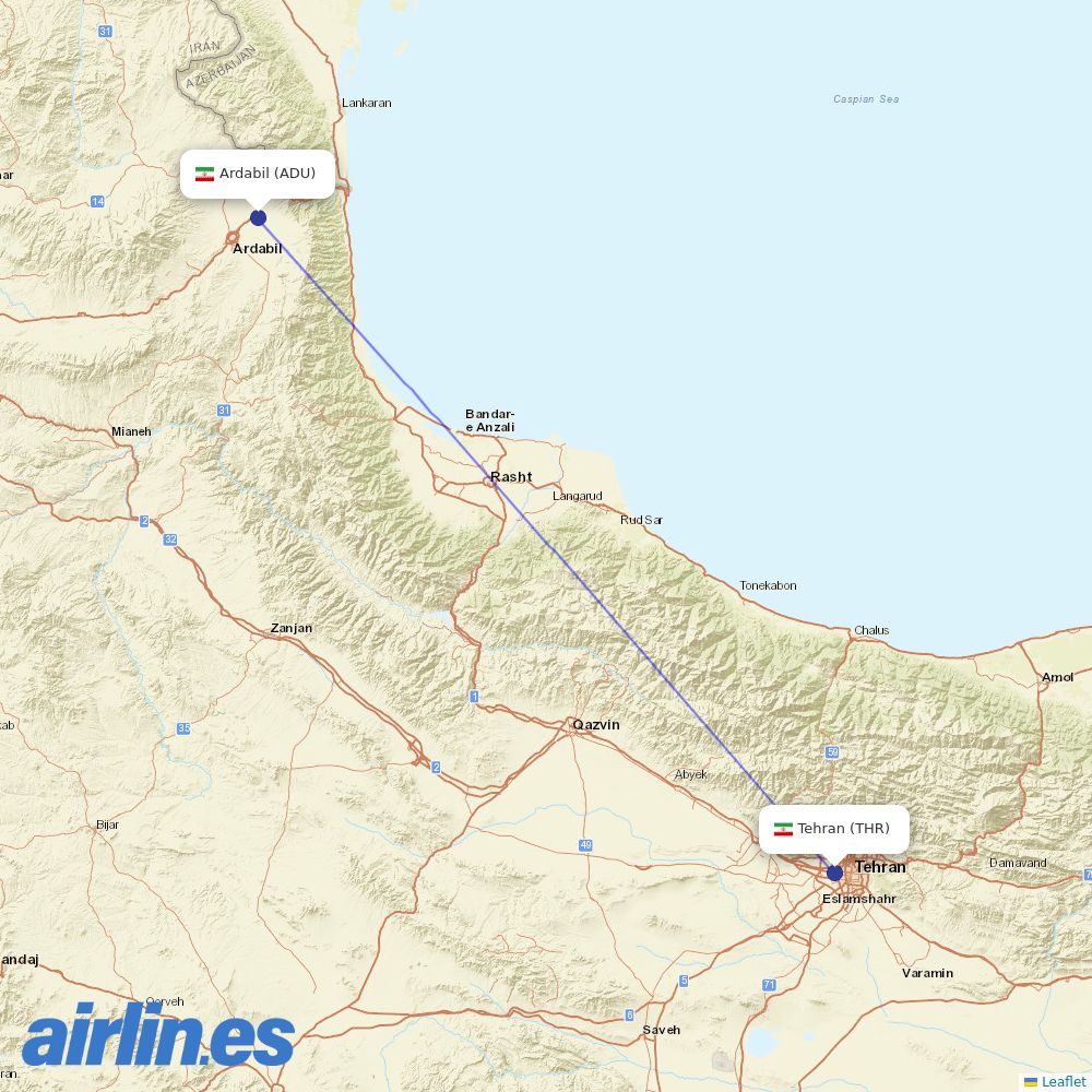 Iran Aseman Airlines from Ardabil Airport destination map