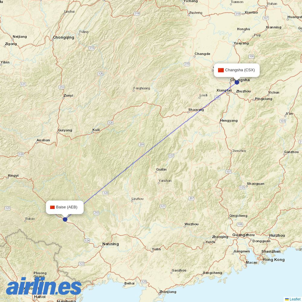 China Southern Airlines from Tianyang destination map