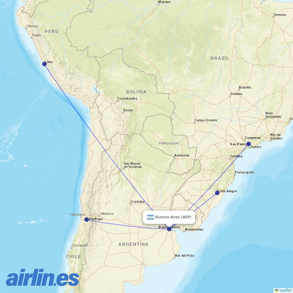 LATAM Airlines from Aeroparque Jorge Newbery destination map