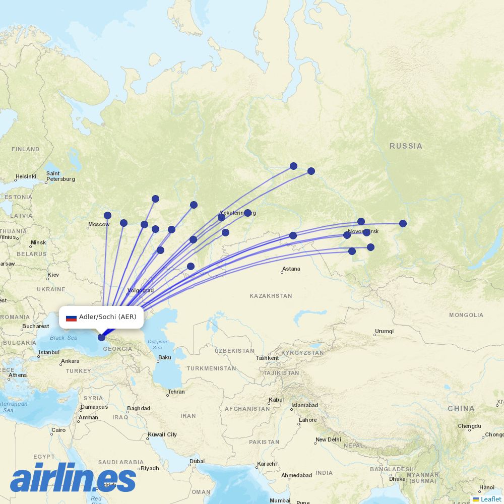 Nordwind Airlines from Sochi Airport destination map