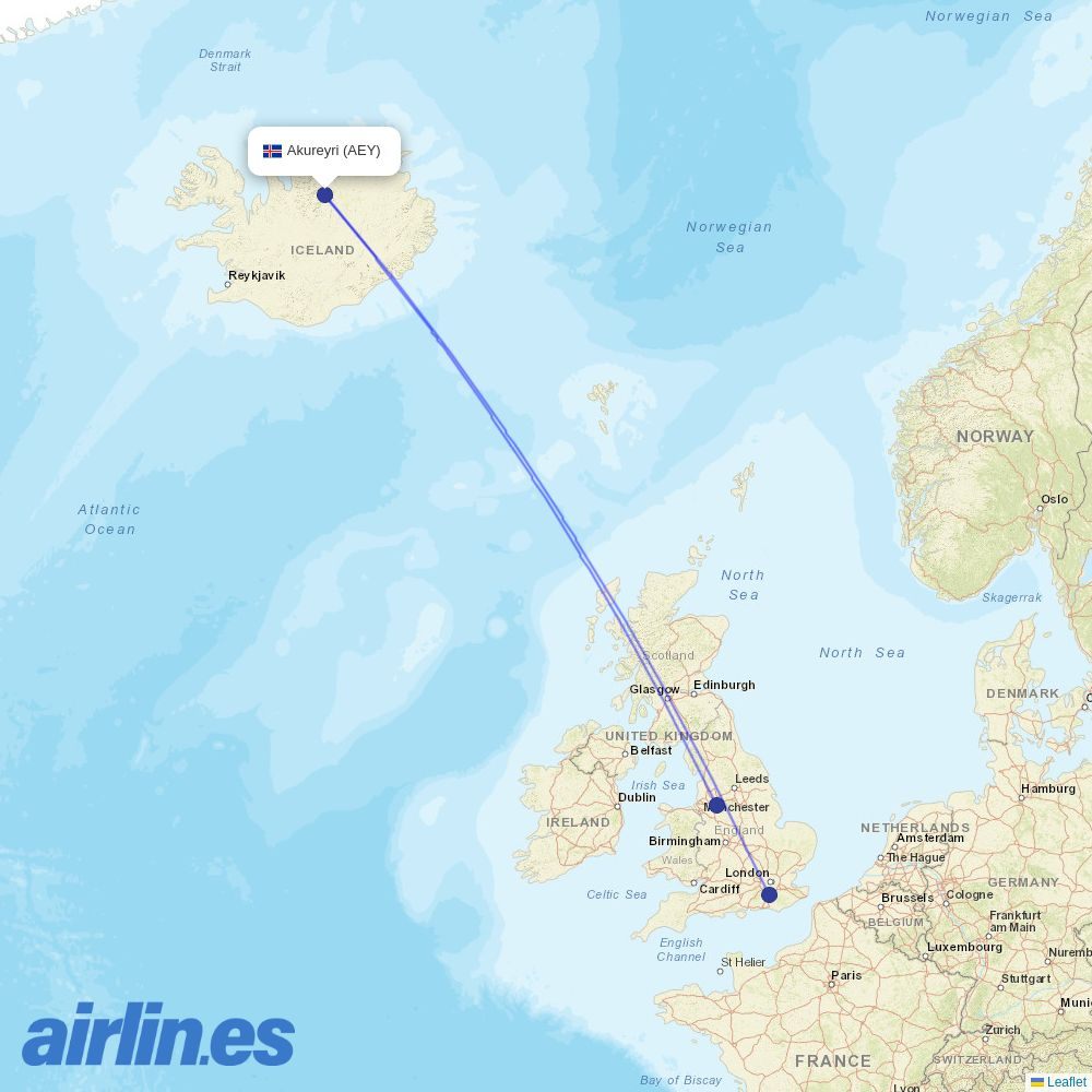 easyJet from Akureyri destination map