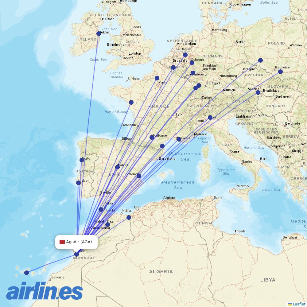 Ryanair from Inezgane Airport destination map