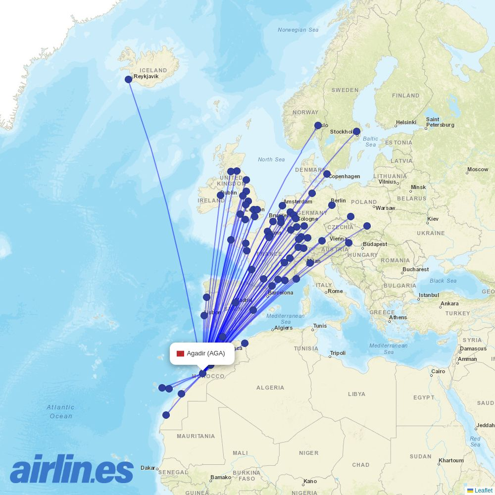 Jet2 from Inezgane Airport destination map