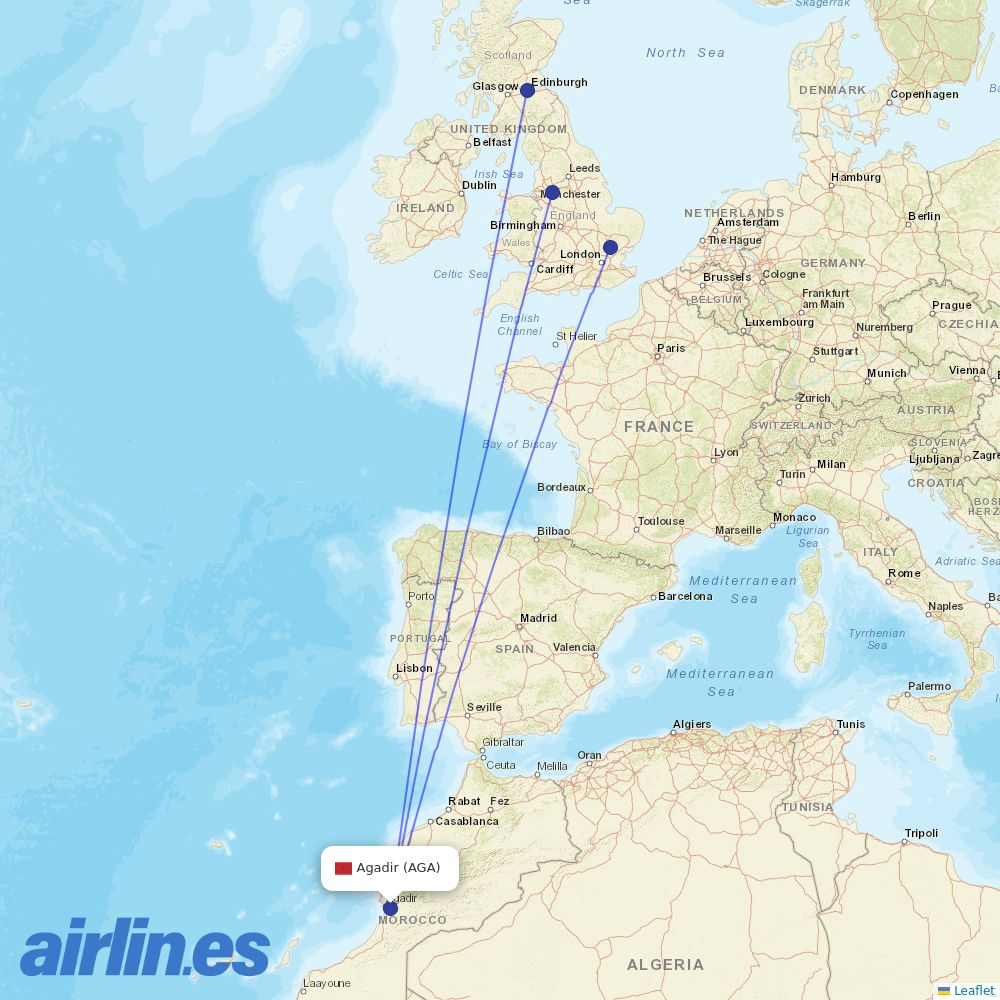 Ryanair UK from Inezgane Airport destination map