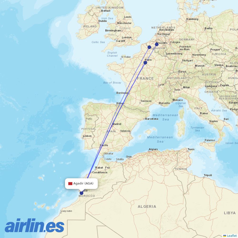 TUI fly Belgium from Inezgane Airport destination map