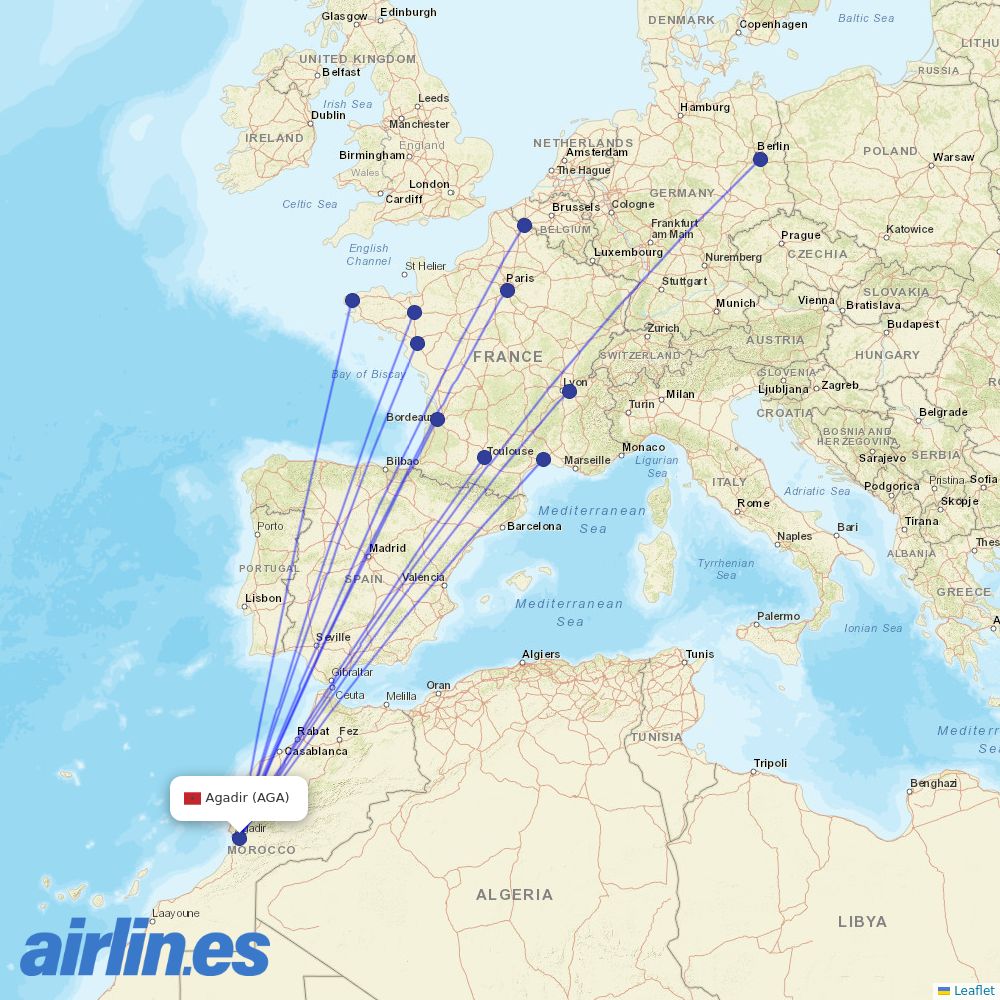 Transavia France from Inezgane Airport destination map