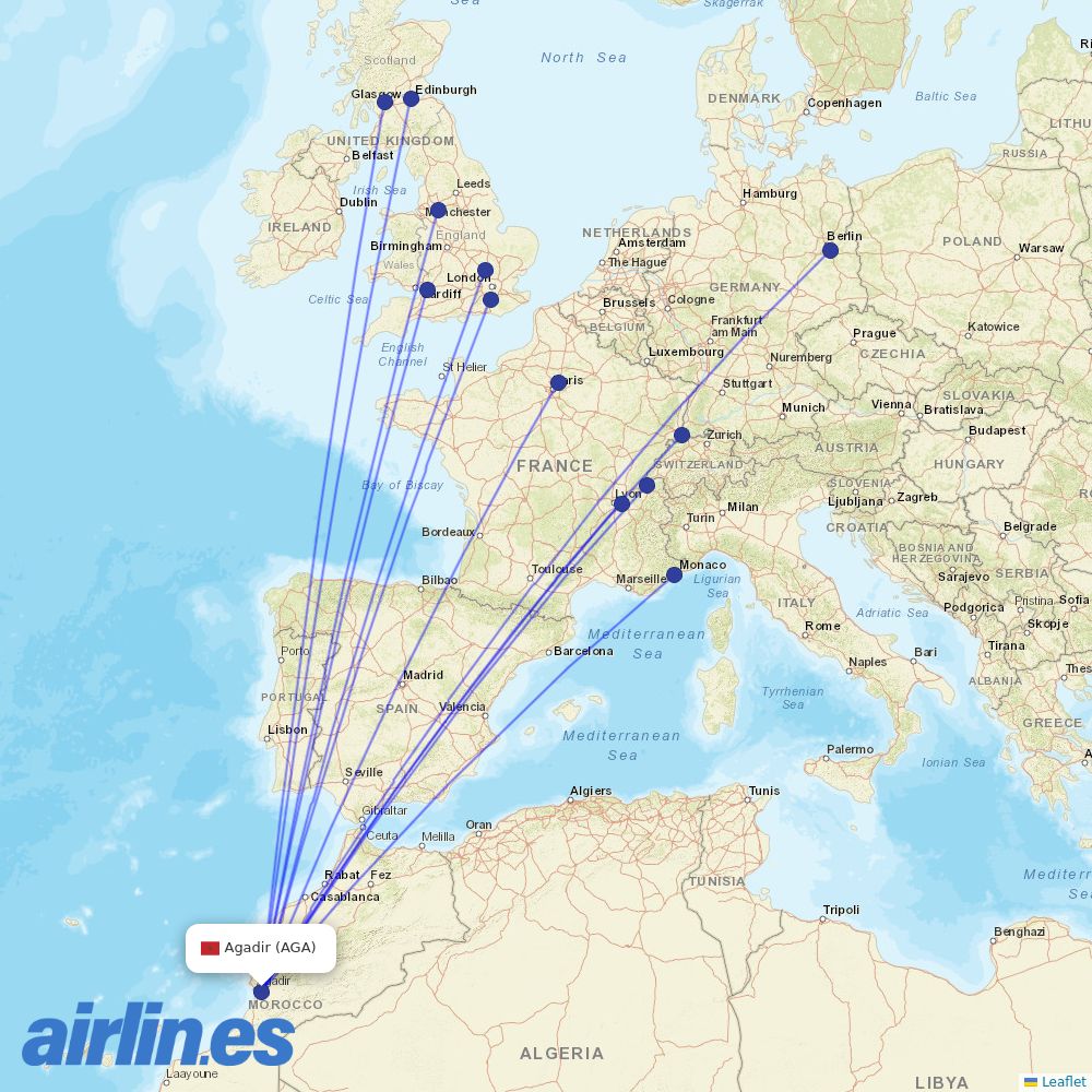 easyJet from Inezgane Airport destination map
