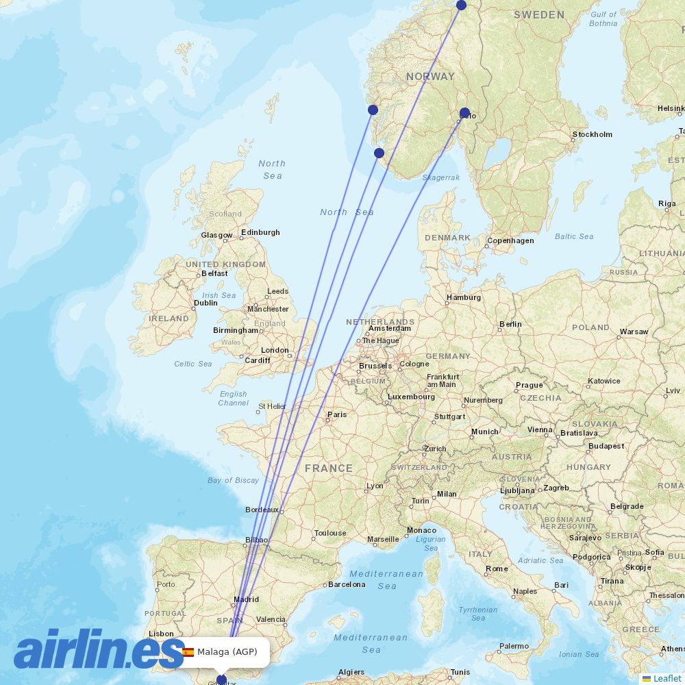 Norwegian Air Shuttle from Málaga Airport destination map