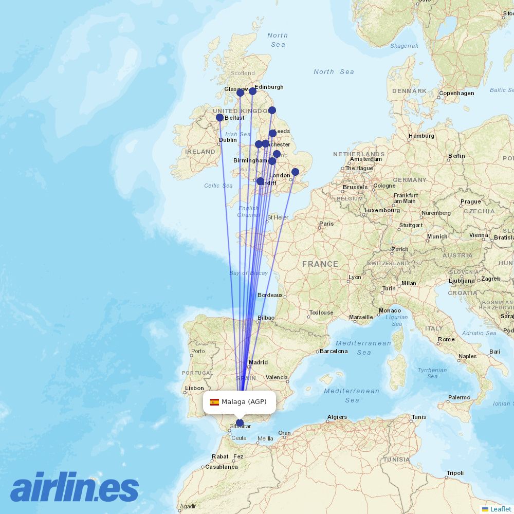Jet2 from Málaga Airport destination map