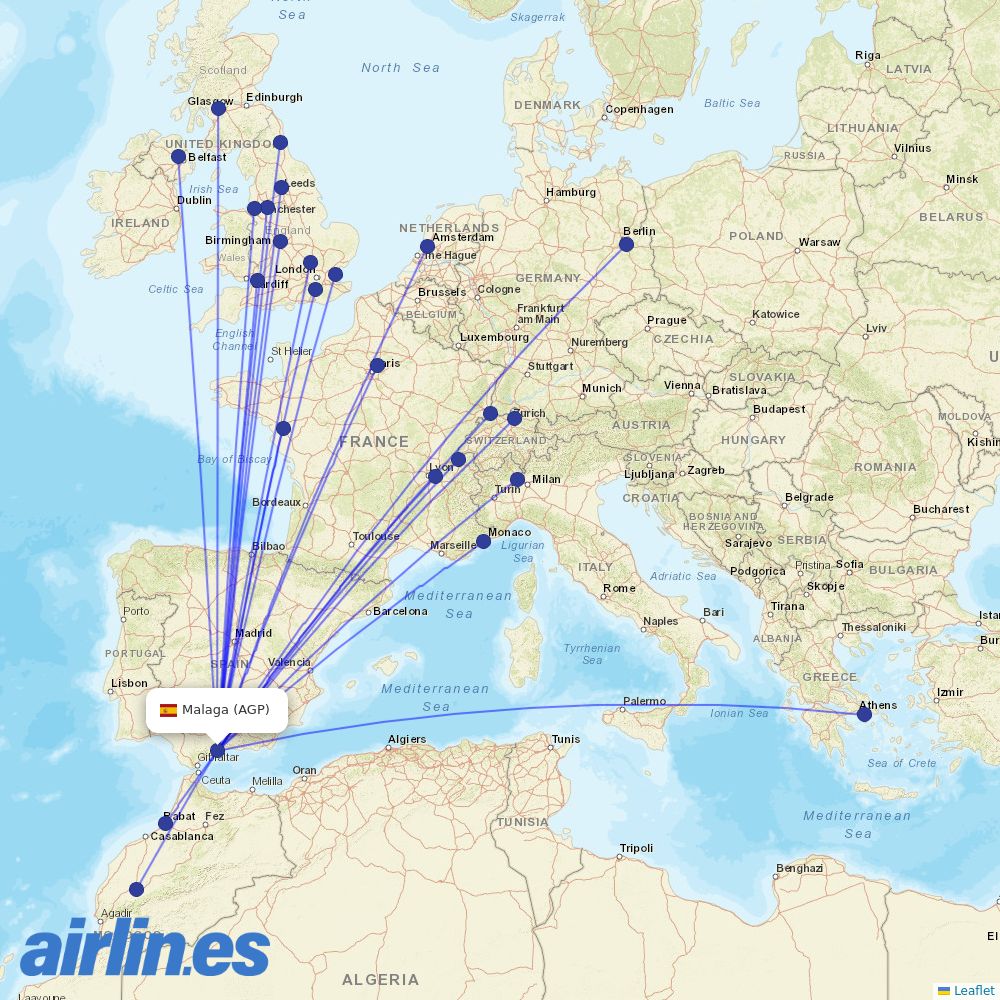 easyJet from Málaga Airport destination map
