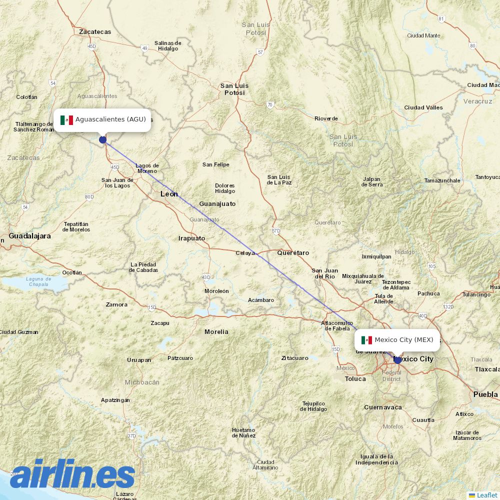 Aeromexico from Jesus Teran International destination map