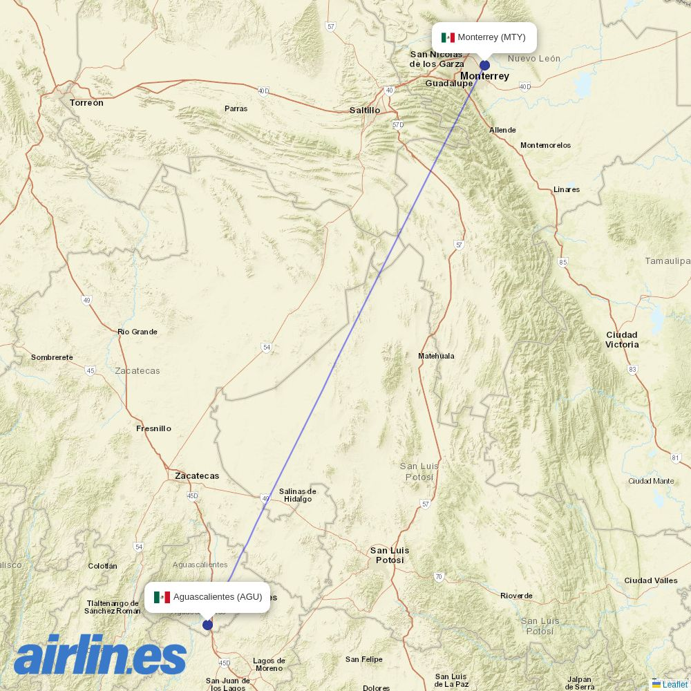 VivaAerobus from Jesus Teran International destination map