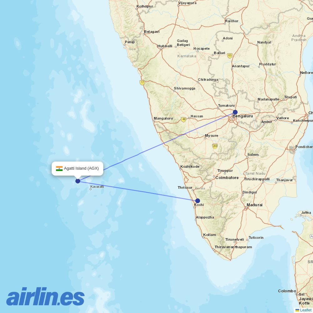 IndiGo from Agatti Island Airport destination map