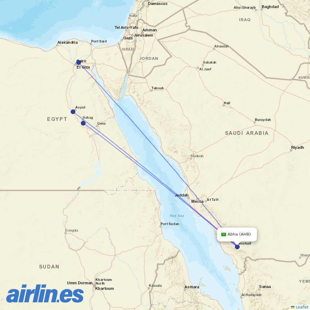 Air Cairo from Abha destination map