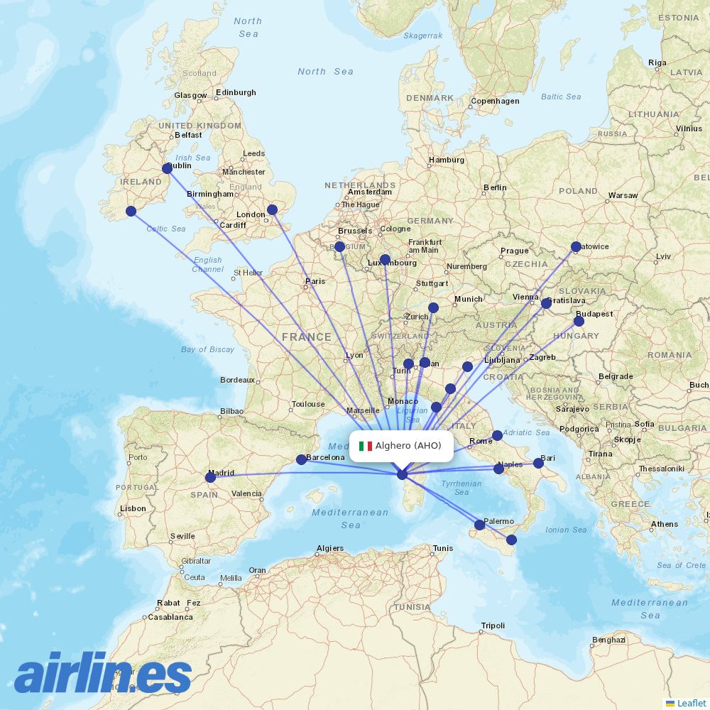 Ryanair from Alghero destination map